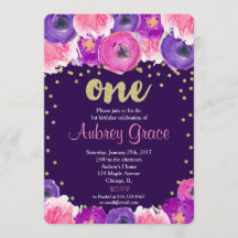 紫と金ゴールドの最初の誕生日の招待
