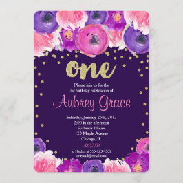 紫と金ゴールドの最初の誕生日の招待 招待状