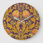 紫と金ゴールドの植物性モリスインスパイアフローラ ラージ壁時計 (正面)