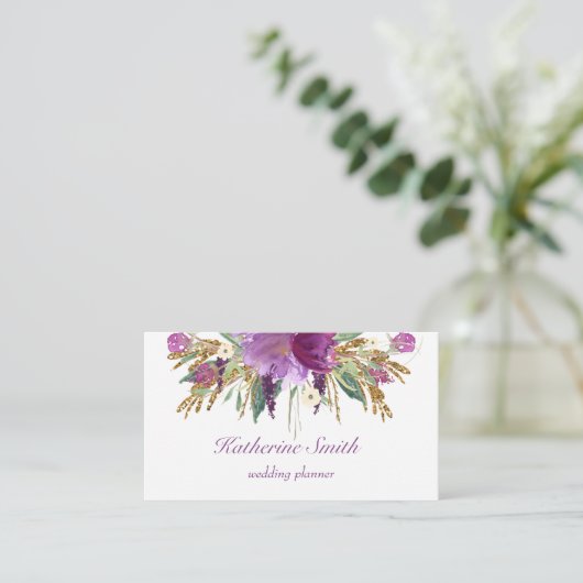 紫と金ゴールドの水彩花の名刺 名刺 (スタンド正面)