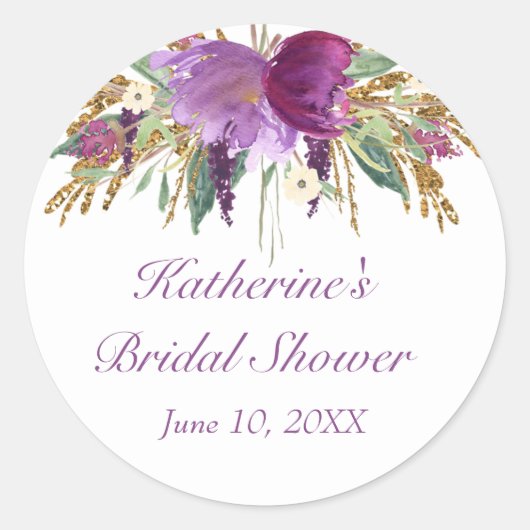 紫と金ゴールドの水彩花ラウンドシール ラウンドシール (正面)