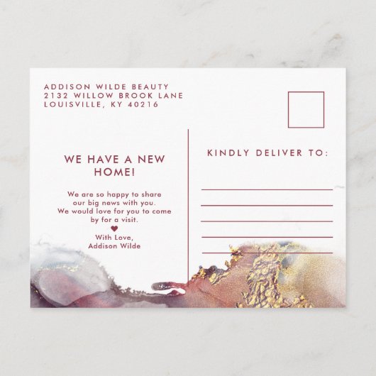 紫と金ゴールドの水色のインクの移動発表 案内ポストカード (裏面)