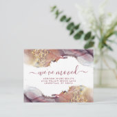 紫と金ゴールドの水色のインクの移動発表 案内ポストカード (スタンド正面)