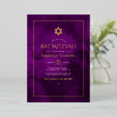 紫と金ゴールドの水色バルミツワー写真 箔招待状 (立ち正面)