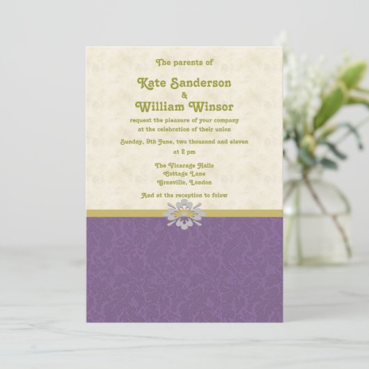 紫と金ゴールドの王室の結婚式招待状カード 招待状 (スタンド正面)