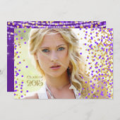 紫と金ゴールドの紙吹雪の卒業発表 招待状 (正面/裏面)