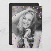 紫と金ゴールドの紙吹雪写真の卒業 招待状 (正面/裏面)