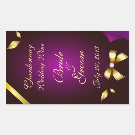 紫と金ゴールドの結婚ワインラベルのシール 長方形シール (正面)
