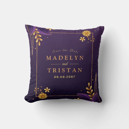 紫と金ゴールドの美学のフローラ クッション (正面)