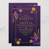 紫と金ゴールドの美学フローラ写真結婚の 招待状 (正面/裏面)