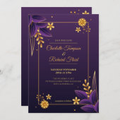 紫と金ゴールドの美学フローラ写真結婚の 招待状 (正面/裏面)