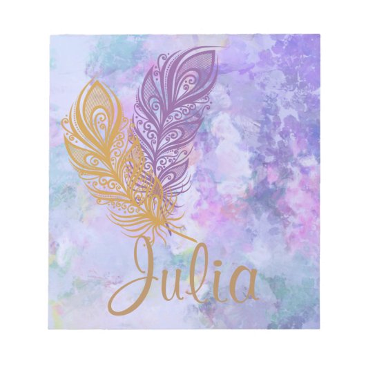 紫と金ゴールドの羽毛の水色ファンタジー ノートパッド (正面)