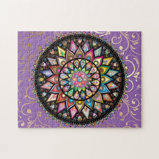 紫と金ゴールドの背景に美しい曼荼羅 ジグソーパズル (横)