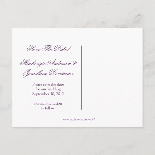 紫と金ゴールドの花の花びらは日付を保存 案内ポストカード (裏面)