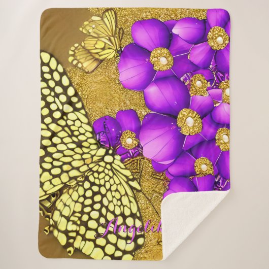紫と金ゴールドの蝶の名パーソナライズされた前 シェルパブランケット (正面)