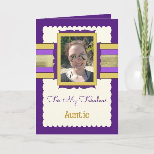 紫と金ゴールドの追加フォトアンティ誕生日 カード (正面)