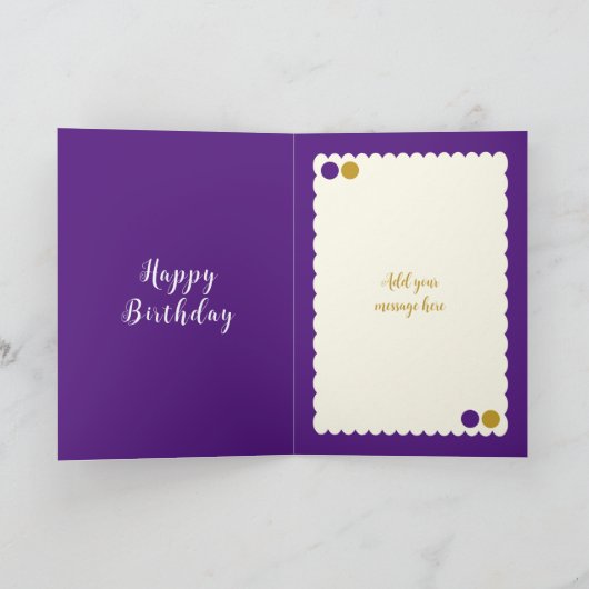 紫と金ゴールドの追加フォトアンティ誕生日 カード (内部)