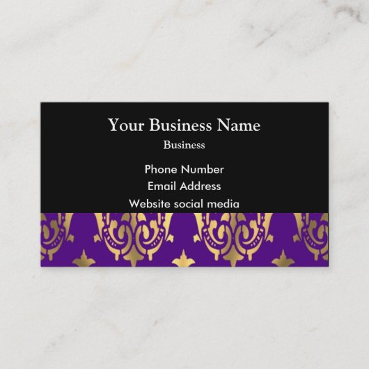 紫と金ゴールドの黒のダマスク 名刺 (正面)