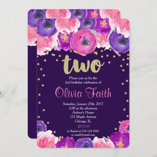 紫と金ゴールドの2番目の誕生日の招待 招待状 (正面/裏面)