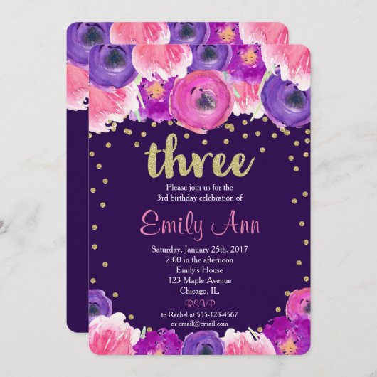 紫と金ゴールドの3番目の誕生日への招待 招待状 (正面/裏面)