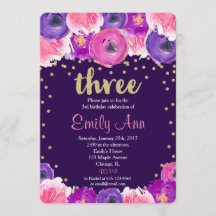 紫と金ゴールドの3番目の誕生日への招待
