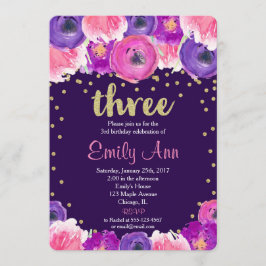紫と金ゴールドの3番目の誕生日への招待 招待状
