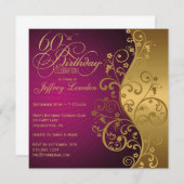 紫と金ゴールドの60歳の誕生日パーティーの招待 招待状 (正面/裏面)