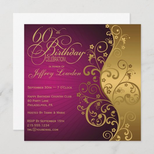 紫と金ゴールドの60歳の誕生日パーティーの招待 招待状 (正面/裏面)