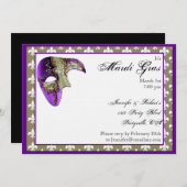 紫と金ゴールドの(紋章の)フラ・ダ・リマスクマルディグラスパーティー 招待状 (正面/裏面)