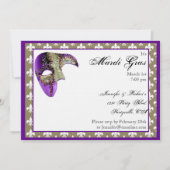 紫と金ゴールドの（紋章の）フラ・ダ・リマスクマルディグラスパーティー 招待状 (正面)