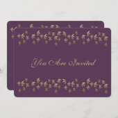 紫と金ゴールドの(紋章の)フラ・ダ・リ紙吹雪 招待状 (正面/裏面)