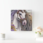 紫と金ゴールドアクセントの美しい白い馬 スクエア壁時計 (ホーム)