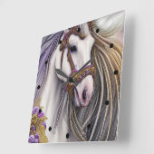 紫と金ゴールドアクセントの美しい白い馬 スクエア壁時計 (傾斜)