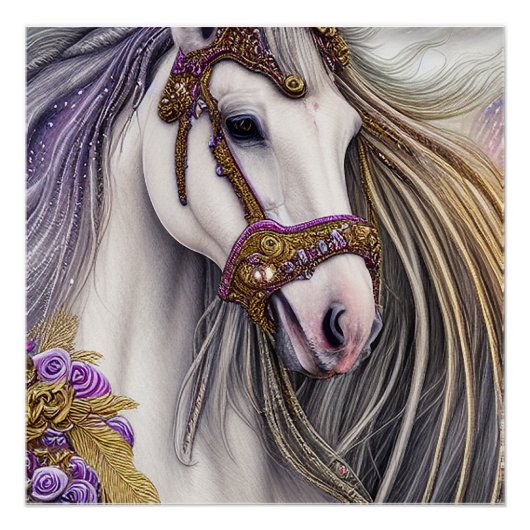 紫と金ゴールドアクセントの美しい白い馬 ポスター (正面)