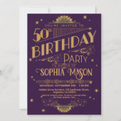 紫と金ゴールドアールデコ50番目の誕生日招待状 招待状 (正面)