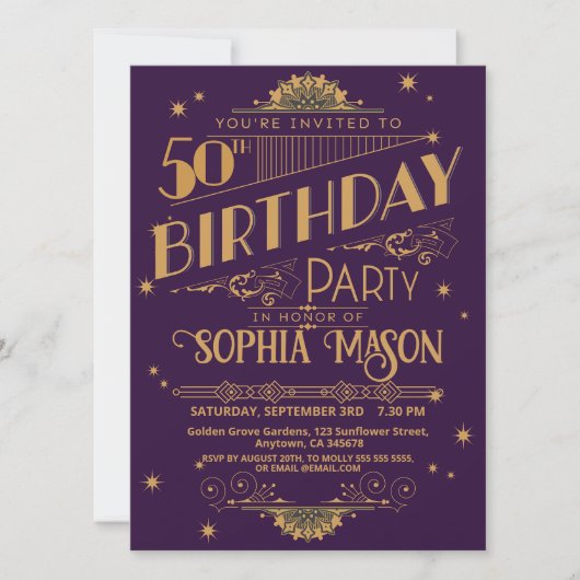 紫と金ゴールドアールデコ50番目の誕生日招待状 招待状 (正面)