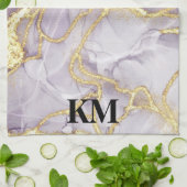 紫と金ゴールドインク大理石モノグラムの キッチンタオル (折り畳み)