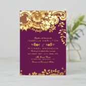 紫と金ゴールドエレガントヴィンテージレ結婚ース 箔招待状 (立ち正面)