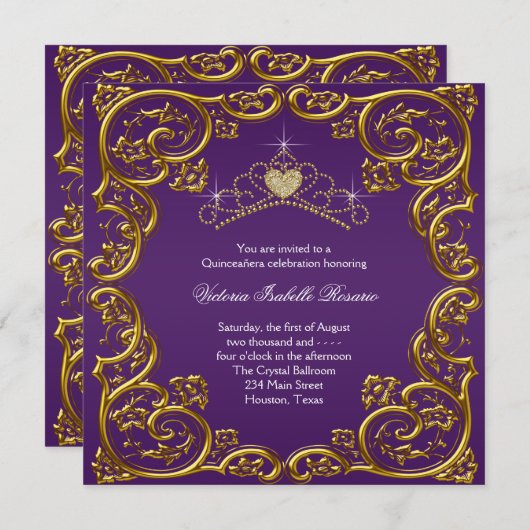 紫と金ゴールドキンセアニェラ 招待状 (正面/裏面)