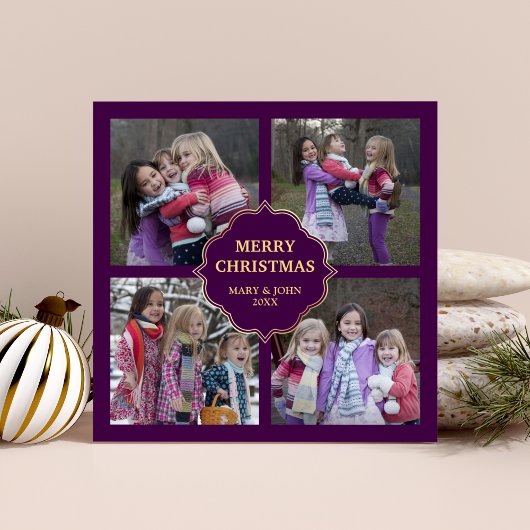 紫と金ゴールドクリスマス4の正方形の写真コラージュ シーズンカード