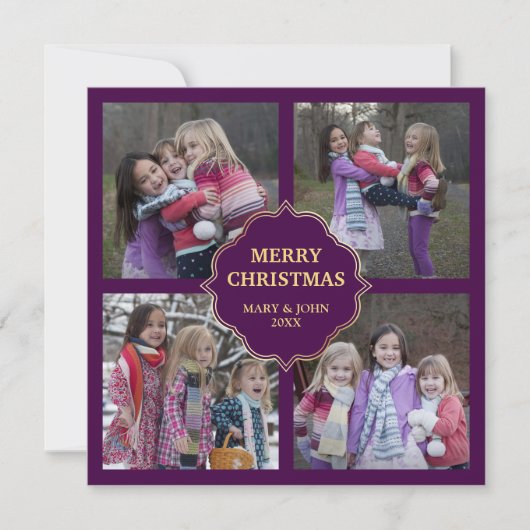 紫と金ゴールドクリスマス4の正方形の写真コラージュ シーズンカード (正面)