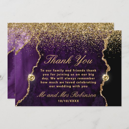 紫と金ゴールドグリッターアゲート結婚大理石ズ サンキューカード (正面/裏面)