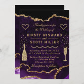 紫と金ゴールドグリッターアゲート結婚大理石ズ 招待状 (正面/裏面)