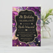 紫と金ゴールドグリッターアルコールインク21歳の誕生日 招待状 (スタンド正面)