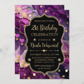 紫と金ゴールドグリッターアルコールインク21歳の誕生日 招待状 (正面/裏面)