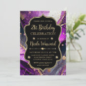 紫と金ゴールドグリッターアルコールインク21歳の誕生日 招待状 (スタンド正面)