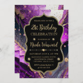 紫と金ゴールドグリッターアルコールインク21歳の誕生日 招待状 (正面/裏面)