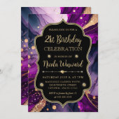 紫と金ゴールドグリッターアルコールインク21歳の誕生日 招待状 (正面/裏面)