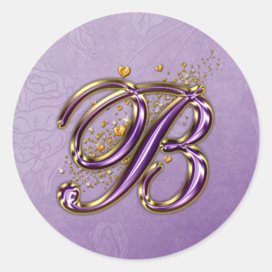 紫と金ゴールドグリッターモノグラムBステッカー ラウンドシール (正面)