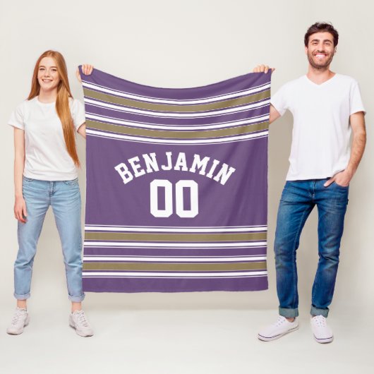 紫と金ゴールドジャージのストライプ名前をカスタムする番号 フリースブランケット (インサイチュ)